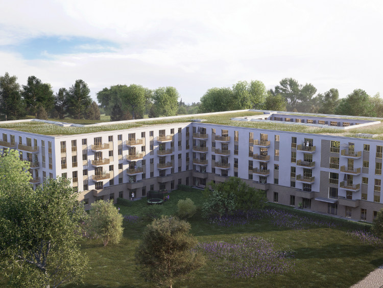 The image shows a modern, multi-storey residential building in a U-shape. It is the Humboldtringgärten construction project in Potsdam. There are several balconies on each floor. The complex is surrounded by greenery, including trees and lawns. In front of the building is a road with parked cars. The sky is clear with a few clouds.