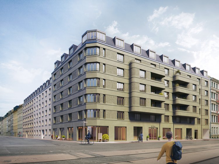 The picture shows a visualization of the new “Neue Kohlgärten” building in Leipzig.