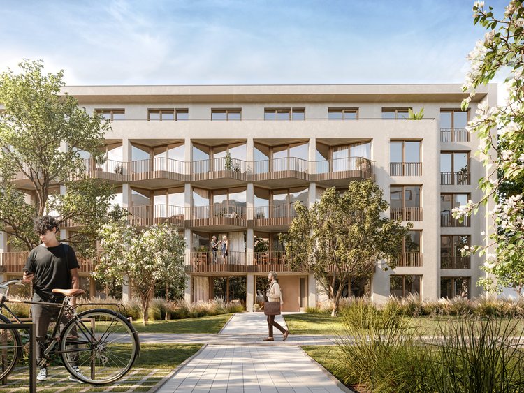 Visualization of a building with green areas, trees, and shrubs in front of it. The building has five floors and is equipped with balconies.