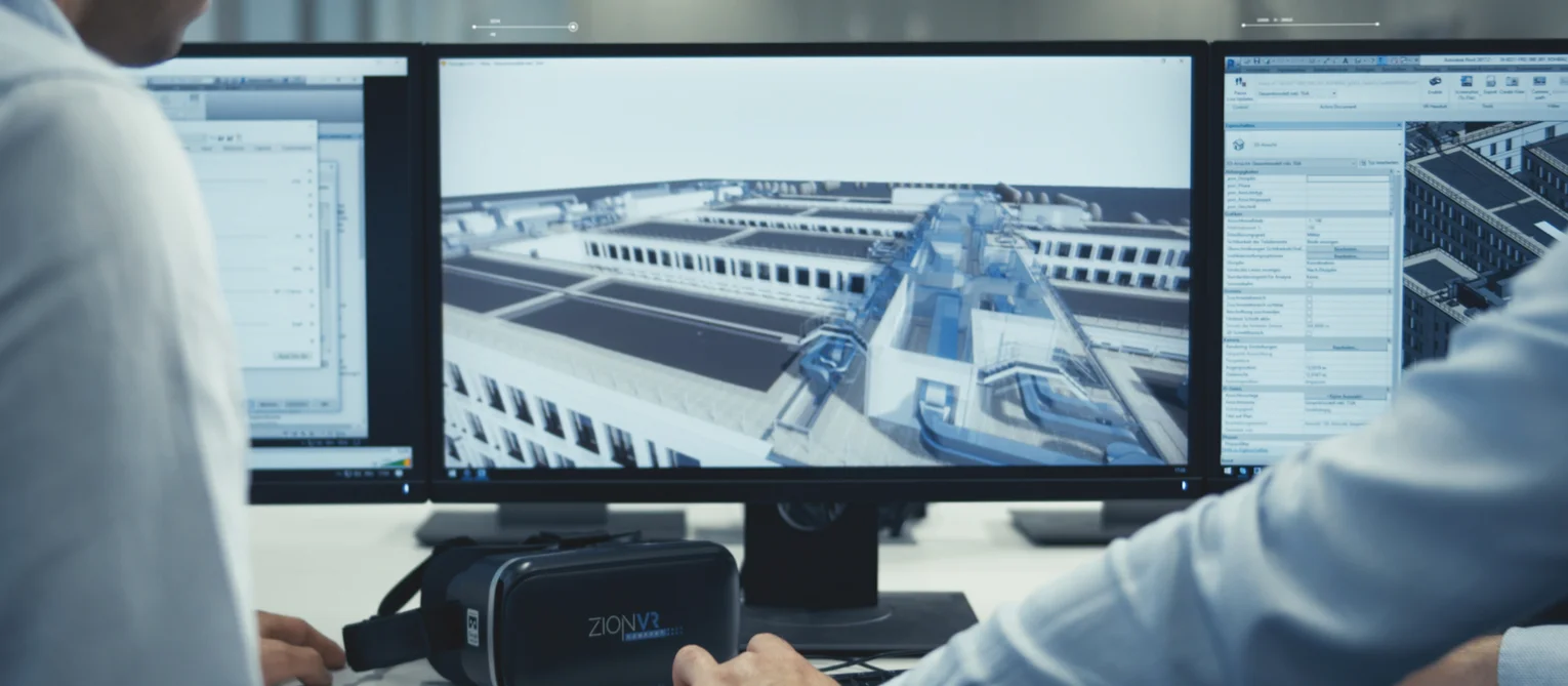 Bild zeigt 2 MĂ€nner vor einem Computer. Sie schauen auf den Bildschirm.