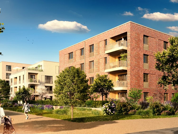 Visualisation of a building with lots of greenery around it. People are walking on the paths in front of the building.