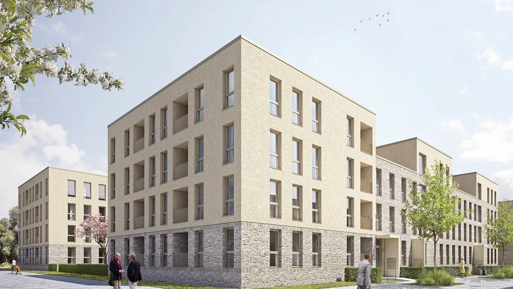Visualisierung des Wohnquartiers; Blick auf das abwechselnd 3 und 4-stöckige GebÀude mit bodentiefen Fenstern und innenliegenden Balkonen ; Haus umgeben von eine paar BÀumen; Sandsteinfarbene Fassade, das Erdgeschoss ist mit Klinkerfassade.