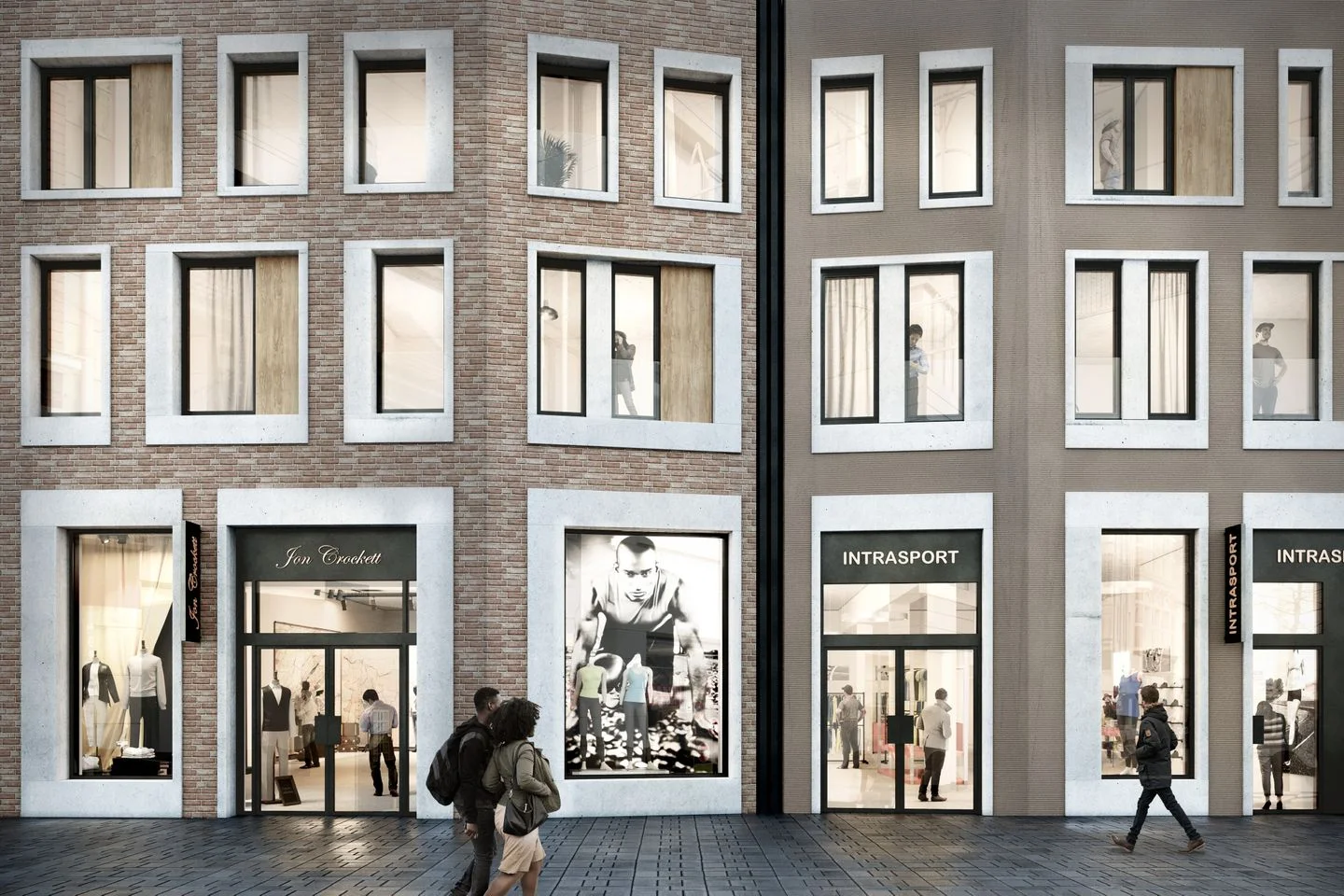Frontal view of the new building on Haarenstrasse in Oldenburg. View of a modern building in a pedestrian zone with shops on the ground floor and apartments on the floors above.