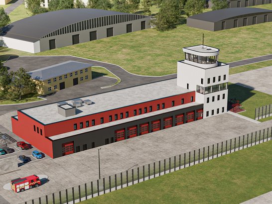 Moderne Anlage mit rot-schwarzem Hauptgebäude, mehreren Türen für Fahrzeugausfahrten und einem weißen Turm mit Aussichtsplattform. Vor dem Gebäude geparkte Fahrzeuge, darunter ein roter Löschzug. Umzäunter Bereich mit Zufahrtsstraße und angrenzenden Hallen.