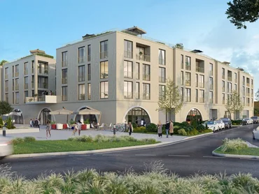 Visualisierung des Bauvorhabens am Papierbach. Man sieht das Quartier von der StraĂenseite aus.