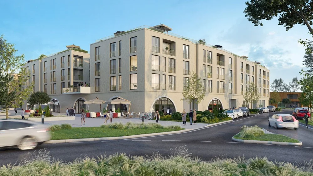 Visualisierung des Bauvorhabens am Papierbach. Man sieht das Quartier von der StraĂenseite aus.